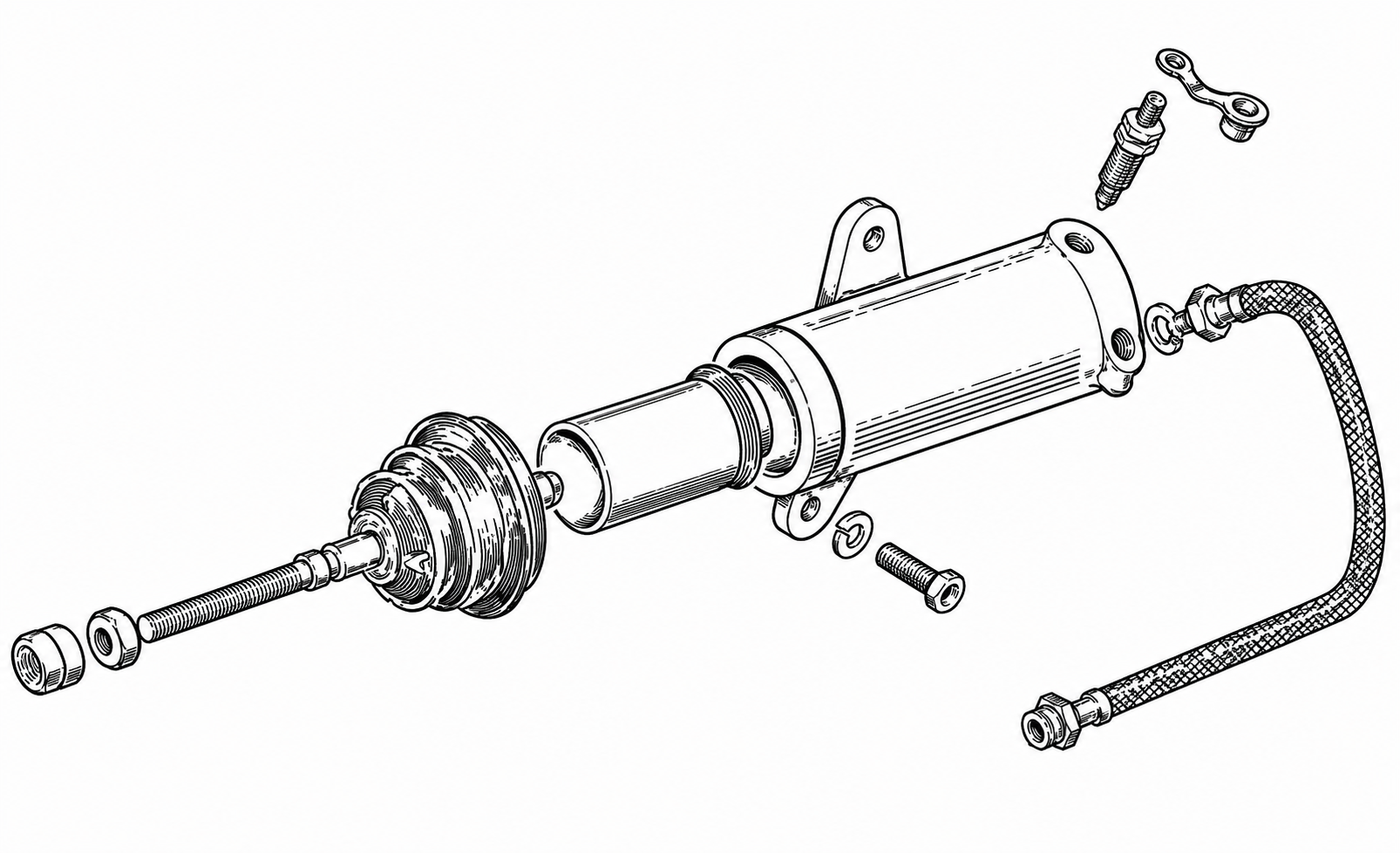 Operating cylinder disassembled — bore, piston, cup, snap ring, and dust cover laid out