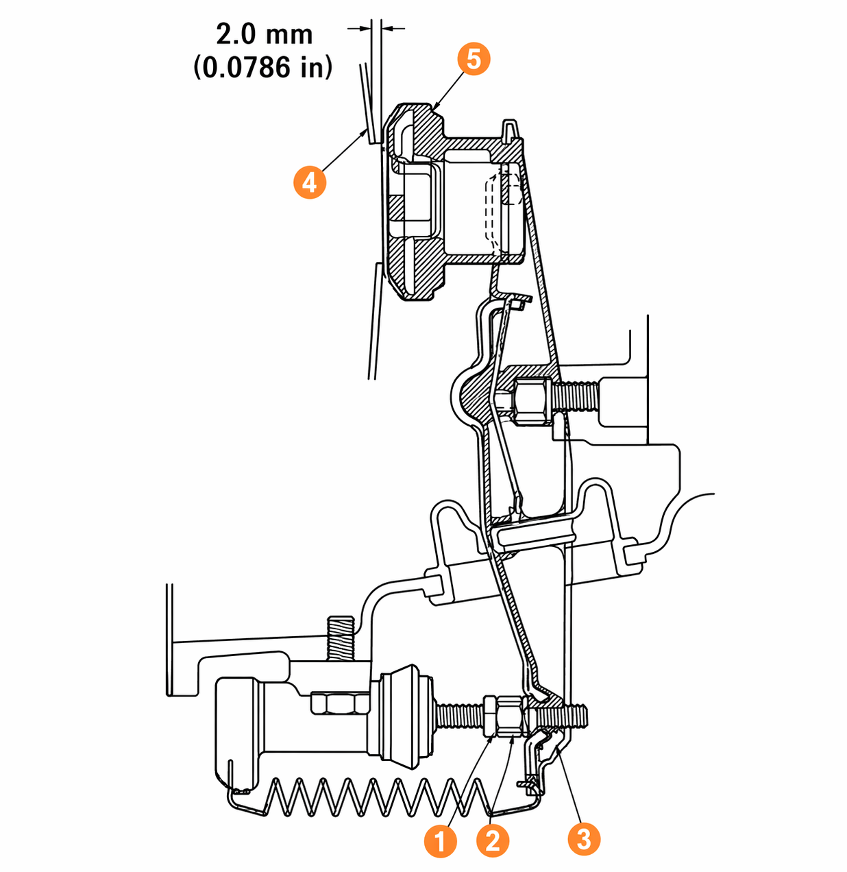 Withdrawal lever adjustment — lock nut, adjusting nut, and the target 2.0 mm gap at the release bearing
