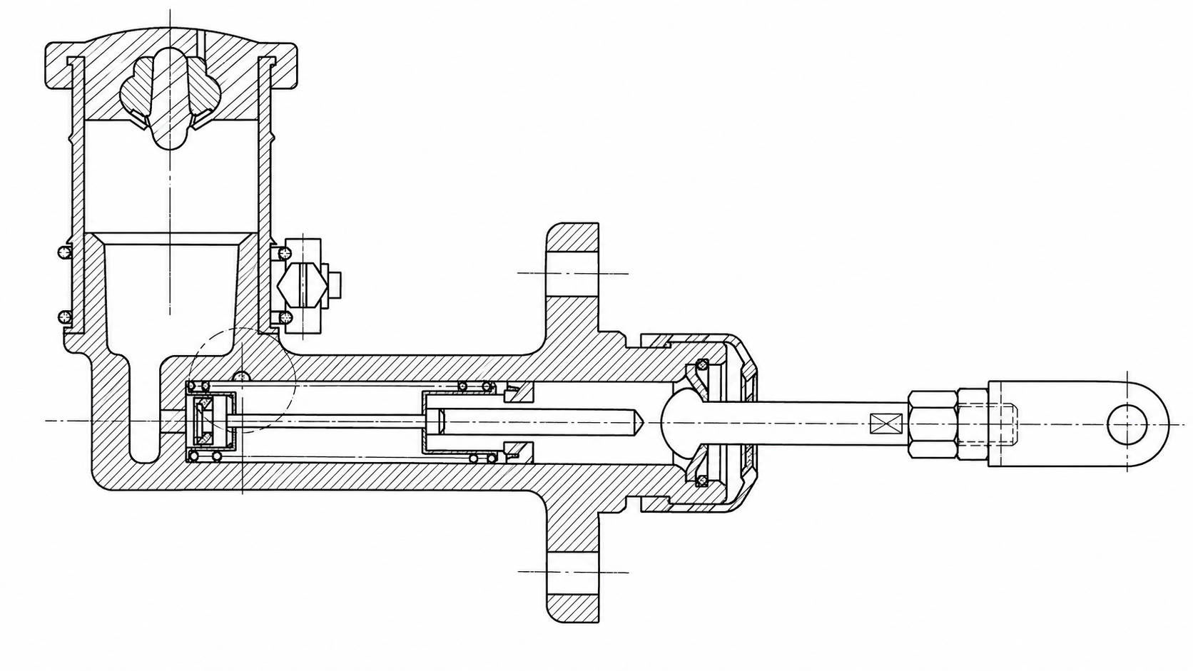 Clutch master cylinder assembly — dust cover end, snap ring groove, and hydraulic port locations