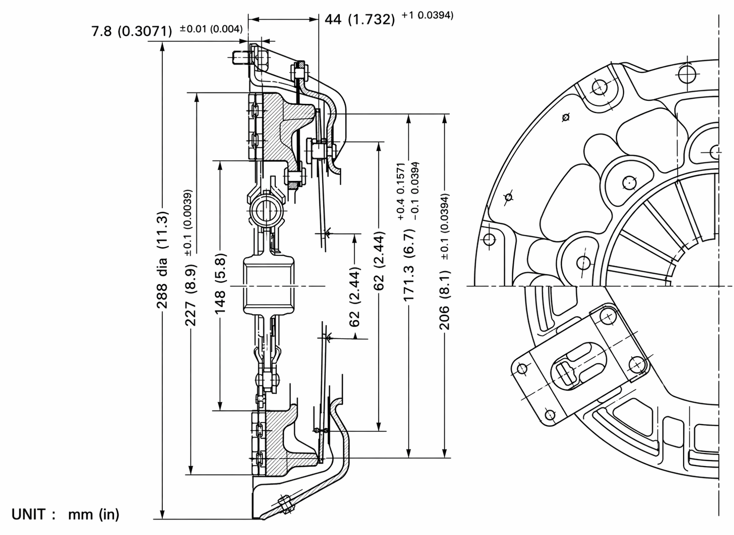 Fig. — Cutaway of the 240Z single dry-disc diaphragm spring clutch. The pilot bushing lives in the crankshaft center bore, immediately behind the flywheel face.