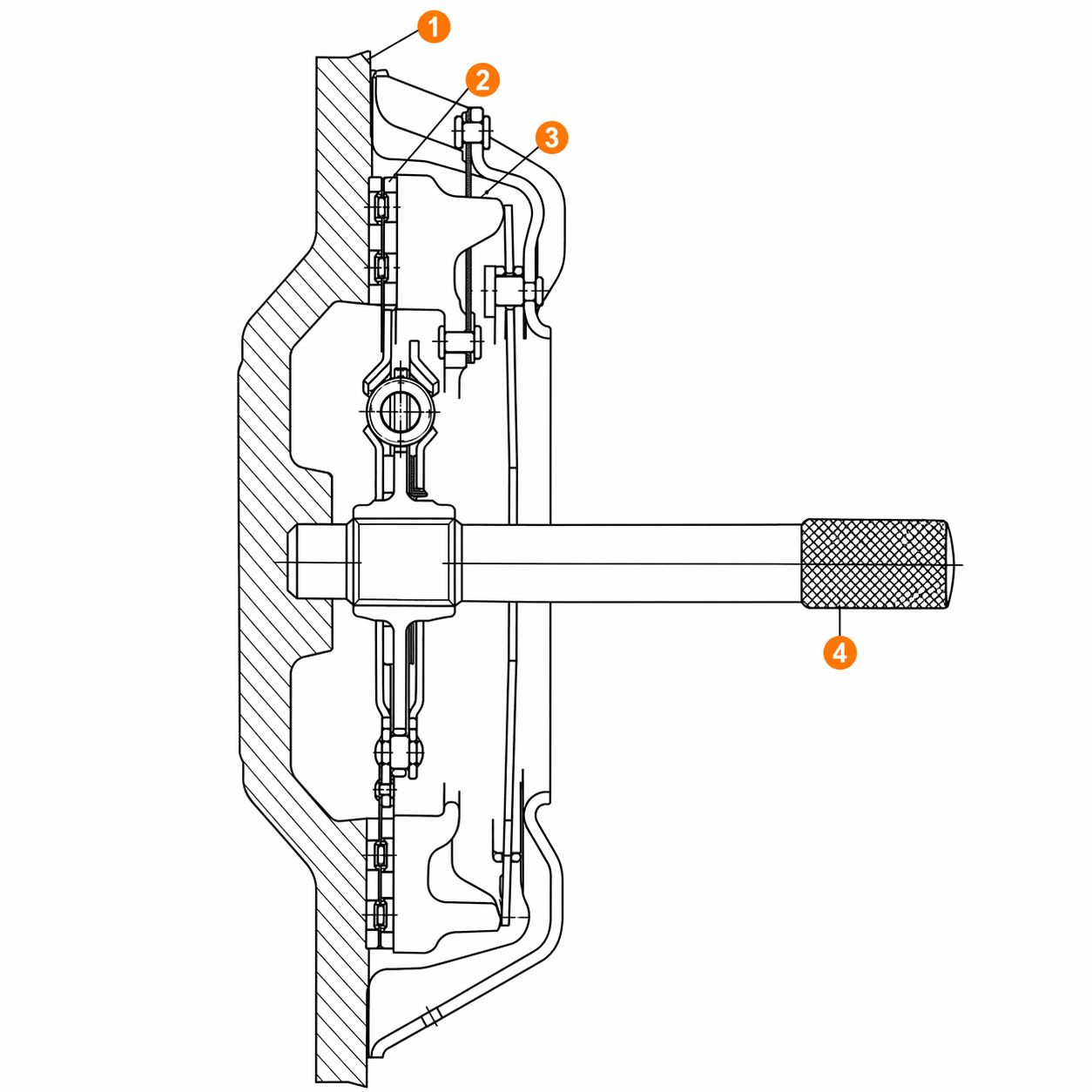 Fig. — Clutch disc and cover assembly going onto the flywheel using the clutch alignment bar (ST20630000). The bar pilots through the disc hub and into the freshly greased pilot bushing.