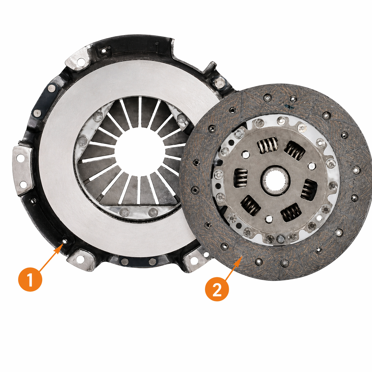 FSM Fig. CL-2 — Clutch assembly and disc assembly as they sit on the flywheel before disassembly.